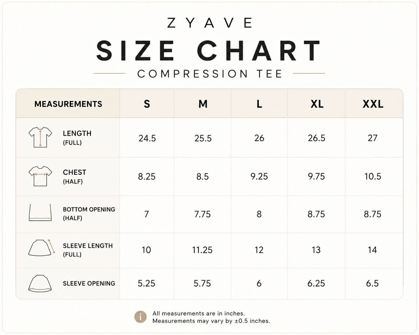  ZYAVE Compression T-Shirt - Size Chart with Length, Chest, Sleeve Length and Bottom Opening Measurements in Inches