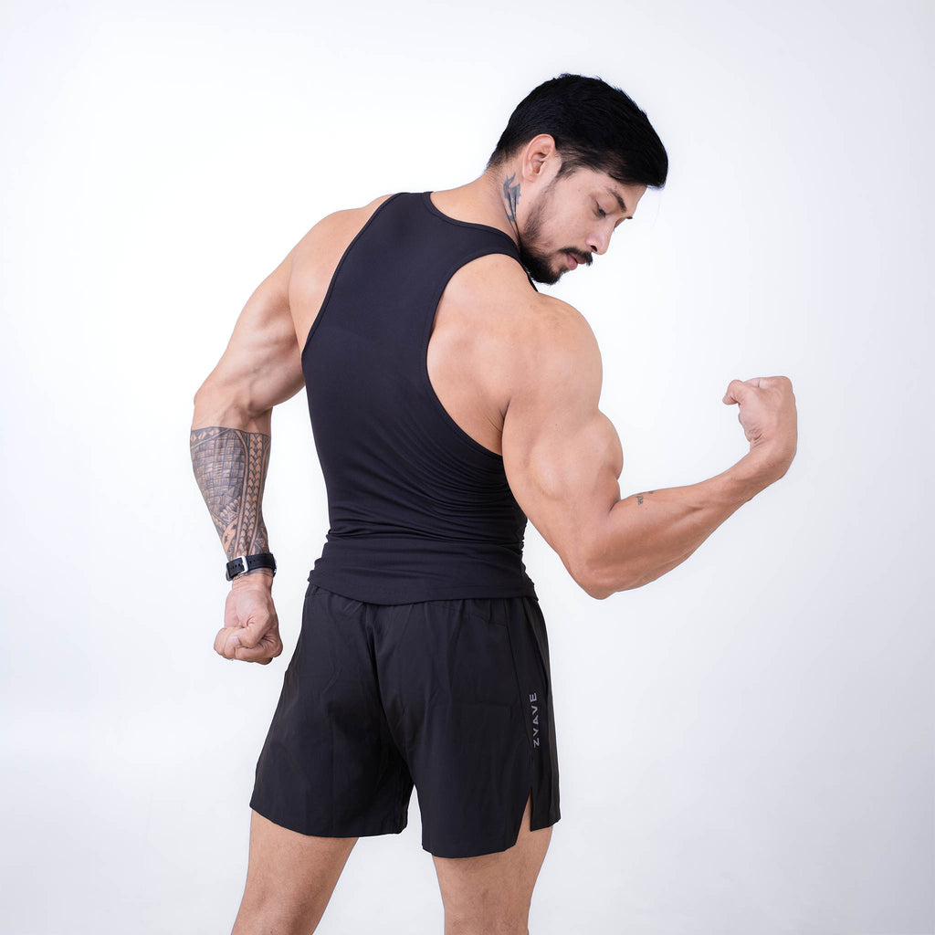 ZYAVE Men's Black Ribbed Tank Top - Back Angle Flex Pose