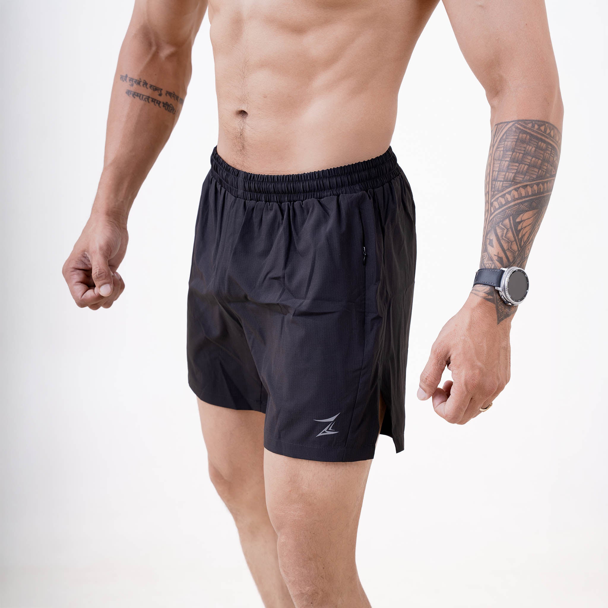 Front view of ZYAVE Men's Onyx Running Shorts with lightweight stretch performance fabric and athletic fit.
