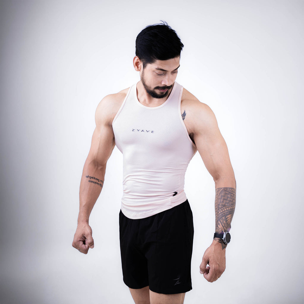 ZYAVE Men's Pastel Pink Ribbed Tank Top - Front View