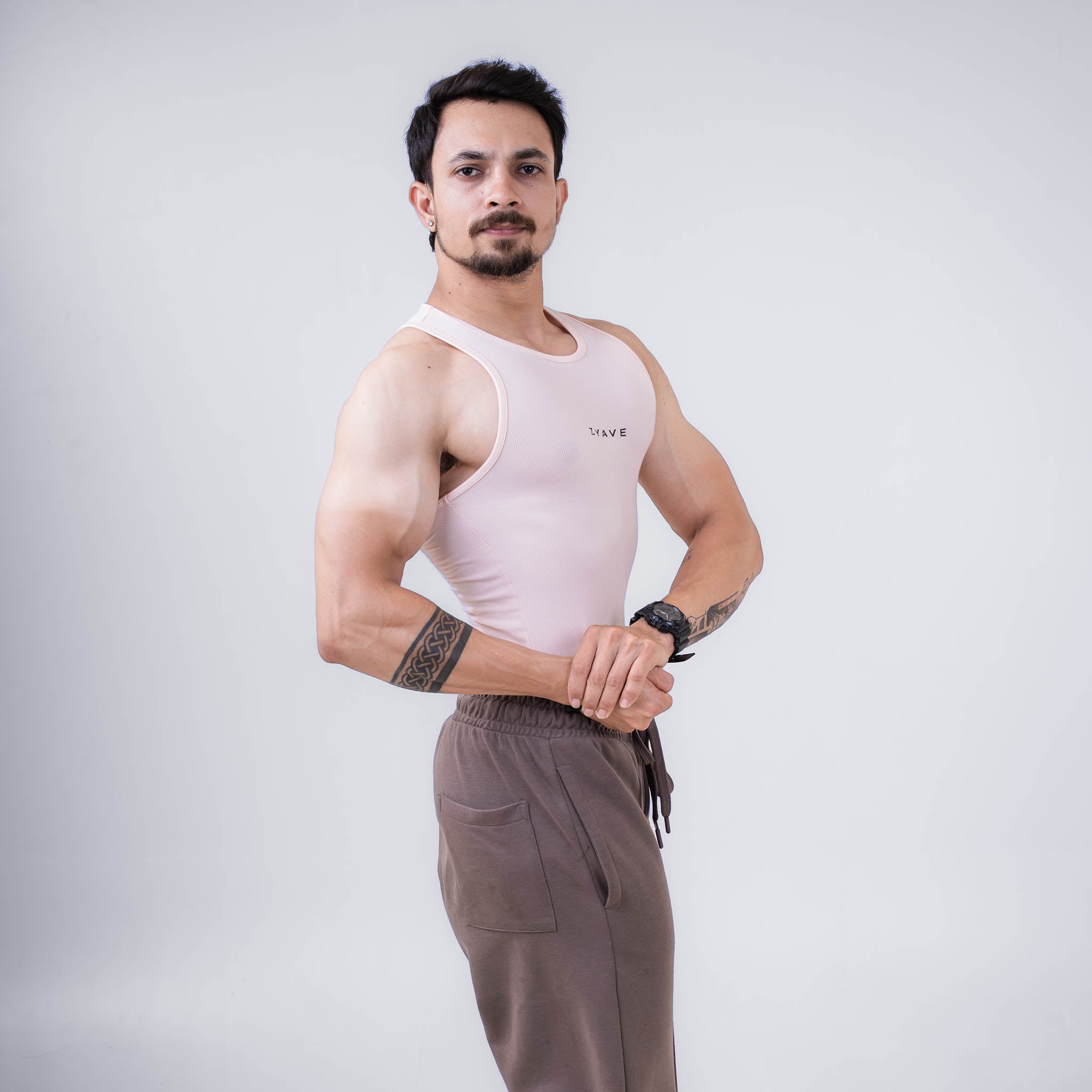 ZYAVE Men's Pastel Pink Ribbed Tank Top - Side View