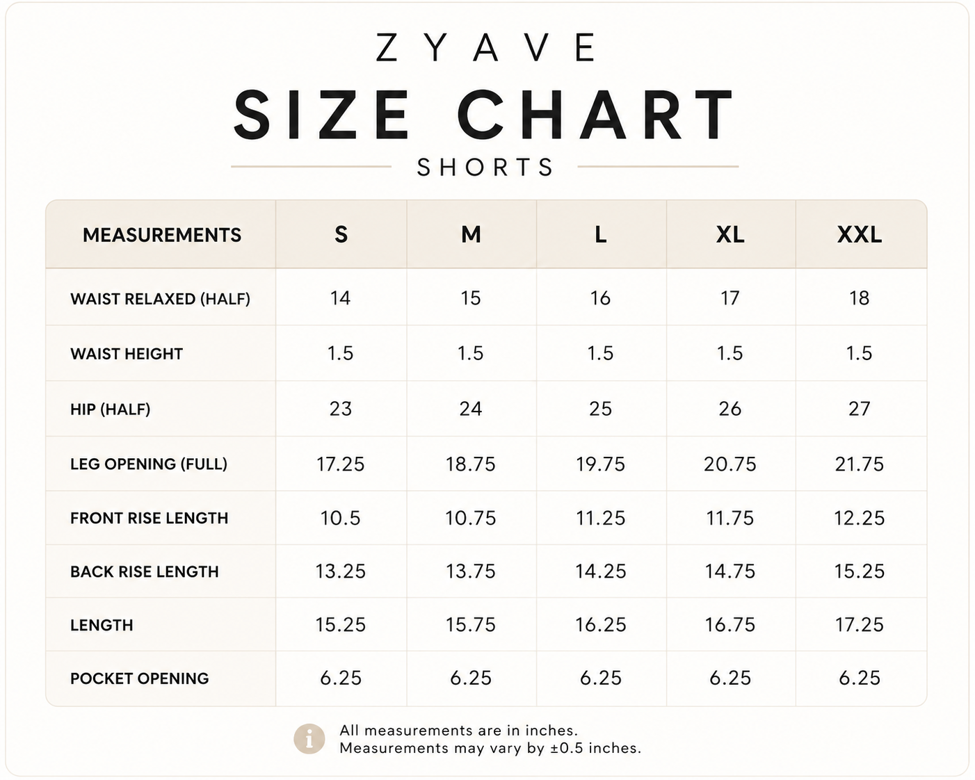 ZYAVE Onyx Training Shorts - Size Chart with Waist, Hip and Length Measurements in Inches