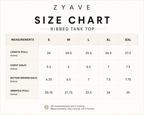 ZYAVE Ribbed Tank Top - Size Chart with Length, Chest, Bottom Opening and Armhole Measurements in Inches