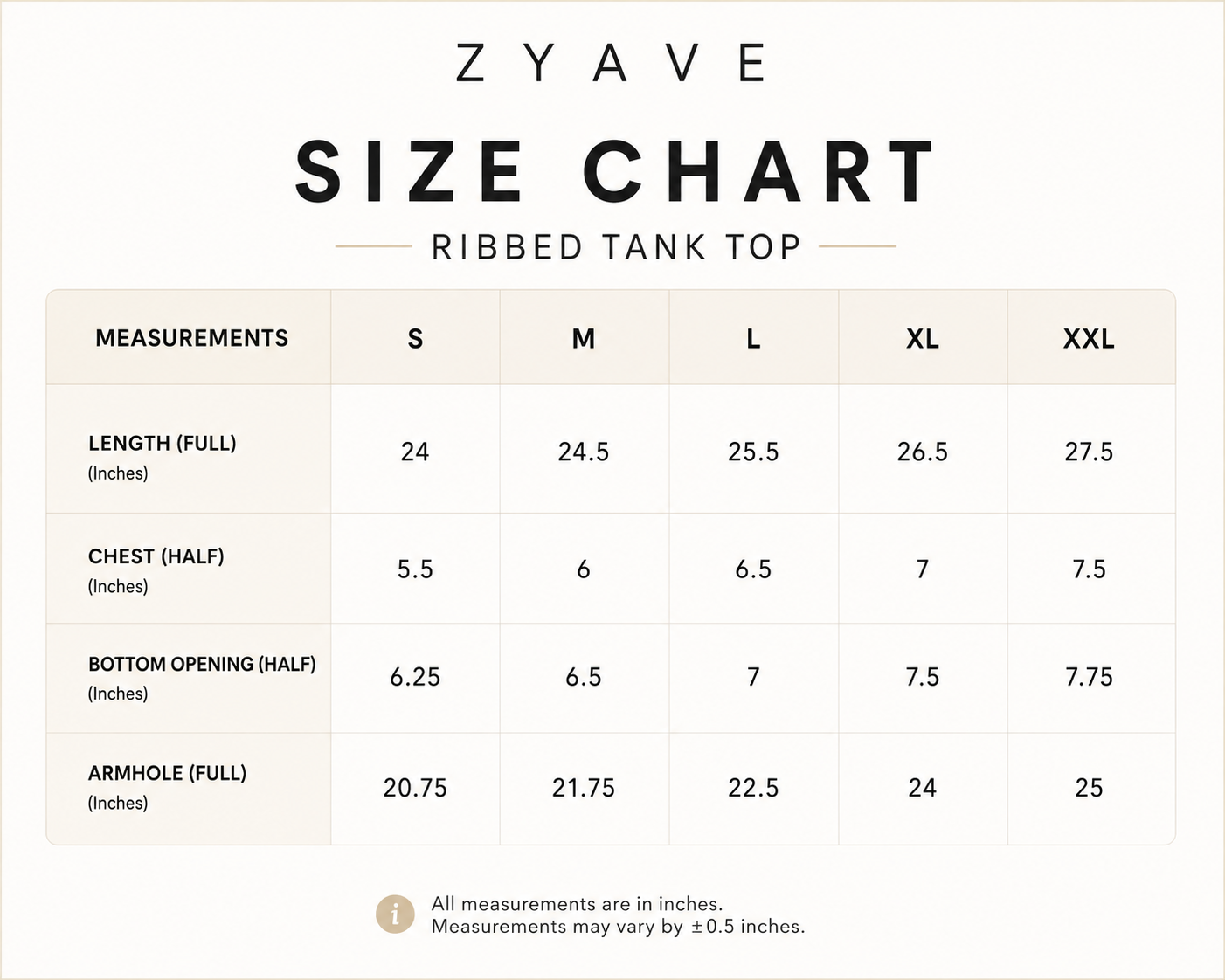 ZYAVE Ribbed Tank Top - Size Chart with Length, Chest, Bottom Opening and Armhole Measurements in Inches